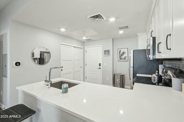 kitchen with sink, white cabinets, backsplash, electric range, and kitchen peninsula