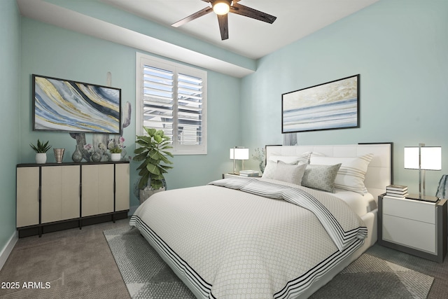 bedroom featuring a ceiling fan and carpet