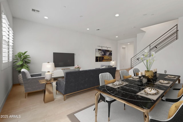 dining area with recessed lighting, visible vents, stairs, and light tile patterned floors