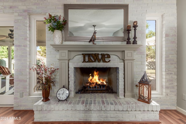 room details with a fireplace and hardwood / wood-style flooring