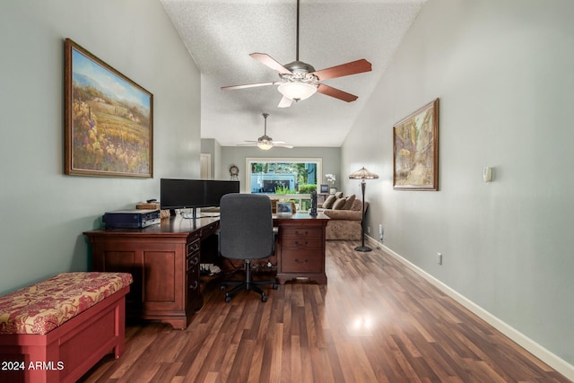 office featuring a textured ceiling, dark hardwood / wood-style flooring, high vaulted ceiling, and ceiling fan