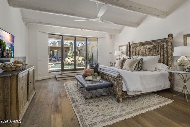 bedroom featuring vaulted ceiling with beams, ceiling fan, and dark wood-type flooring