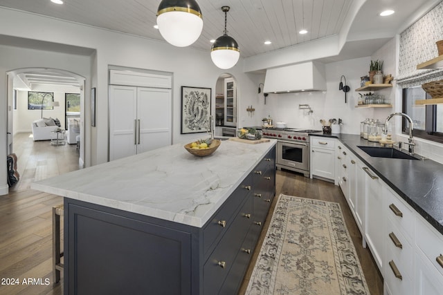 kitchen with pendant lighting, custom exhaust hood, dark hardwood / wood-style floors, premium stove, and sink