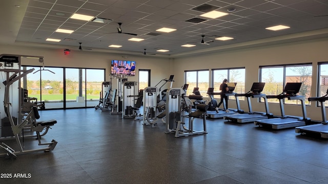 workout area with ceiling fan, a drop ceiling, and plenty of natural light