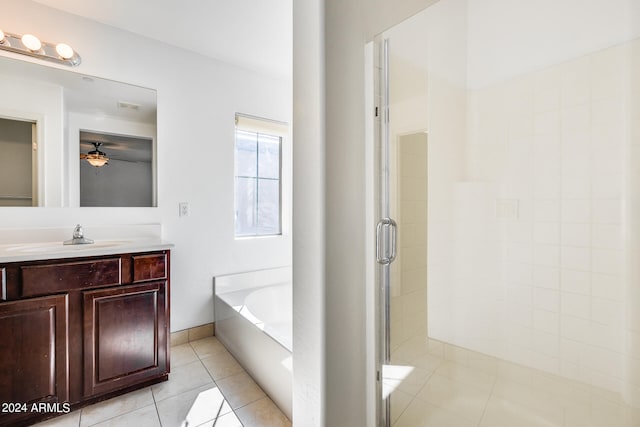 bathroom with vanity, separate shower and tub, ceiling fan, and tile patterned flooring