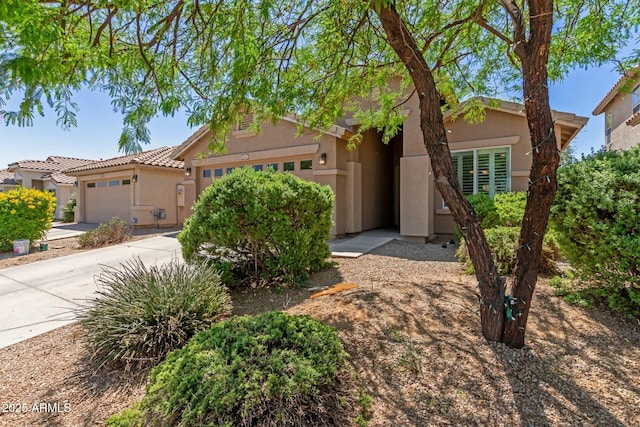 ranch-style house with concrete driveway, an attached garage, and stucco siding