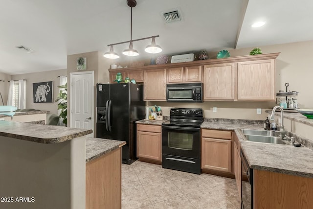 kitchen with visible vents, light brown cabinetry, a sink, light tile patterned floors, and black appliances