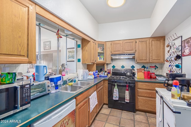 kitchen with black range with gas stovetop, dishwasher, sink, and decorative backsplash