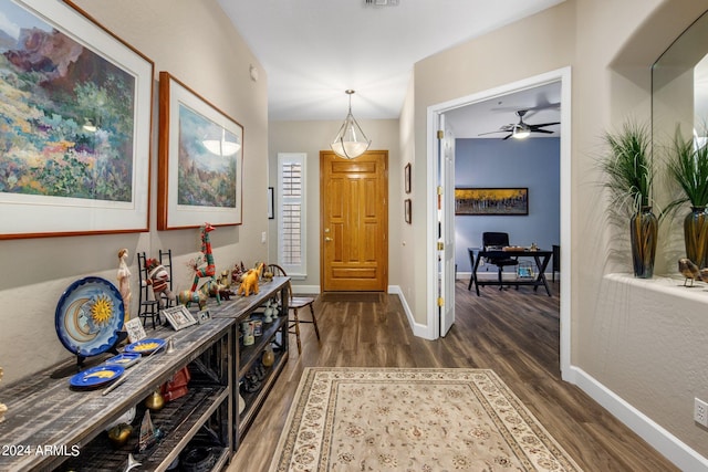 foyer featuring dark hardwood / wood-style floors and ceiling fan