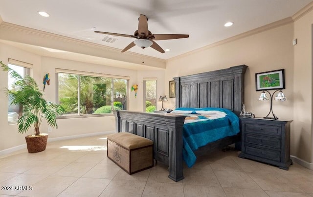 tiled bedroom with ornamental molding and ceiling fan