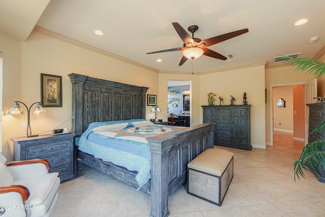 tiled bedroom featuring ceiling fan and ornamental molding