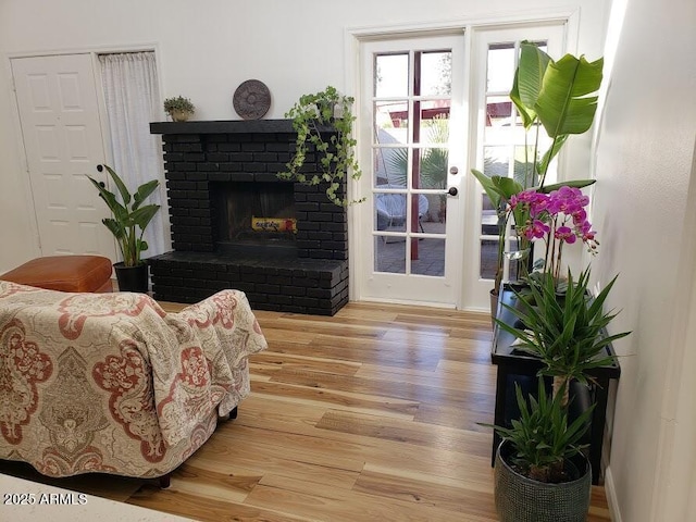 living room featuring a fireplace and light hardwood / wood-style flooring