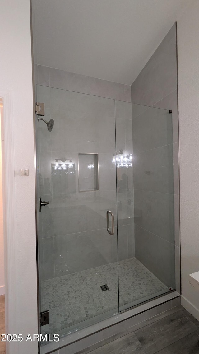 1044 N Arvada N, Mesa, AZ 85205 - bathroom with wood finished floors and a shower stall