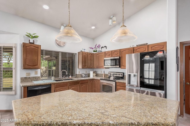 9414 S La Rosa Dr, Tempe, AZ 85284 - kitchen with stainless steel appliances, a sink, high vaulted ceiling, decorative light fixtures, and a center island