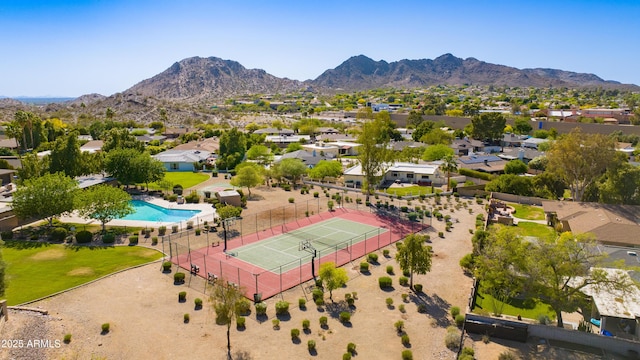 drone / aerial view featuring a mountain view and a residential view