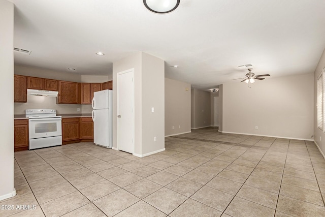 125 N 22nd Pl Unit 53, Mesa, AZ 85213 - kitchen featuring white appliances, under cabinet range hood, light countertops, light tile patterned floors, and a ceiling fan