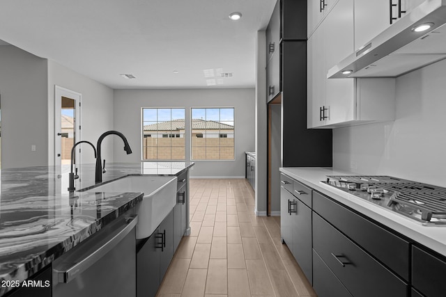 12332 W Parkway Ln, Avondale, AZ 85323 - kitchen featuring under cabinet range hood, stainless steel appliances, a sink, white cabinets, and recessed lighting