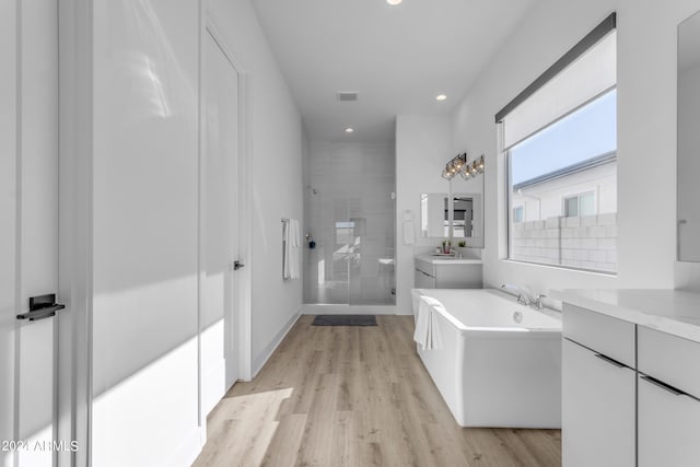 bathroom featuring vanity, hardwood / wood-style floors, and plus walk in shower