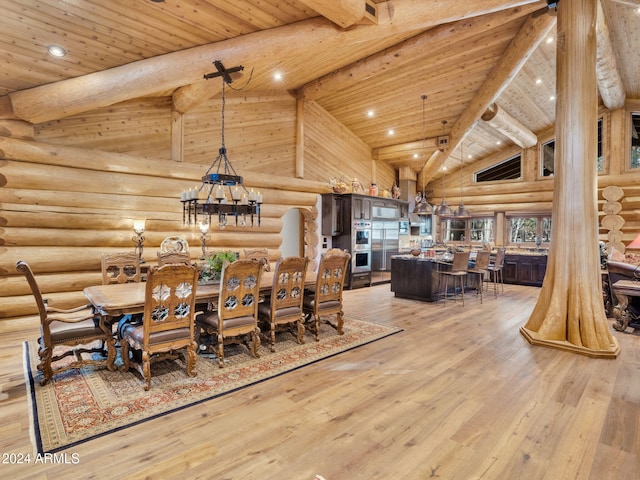 dining area featuring wood ceiling, rustic walls, high vaulted ceiling, and light hardwood / wood-style floors