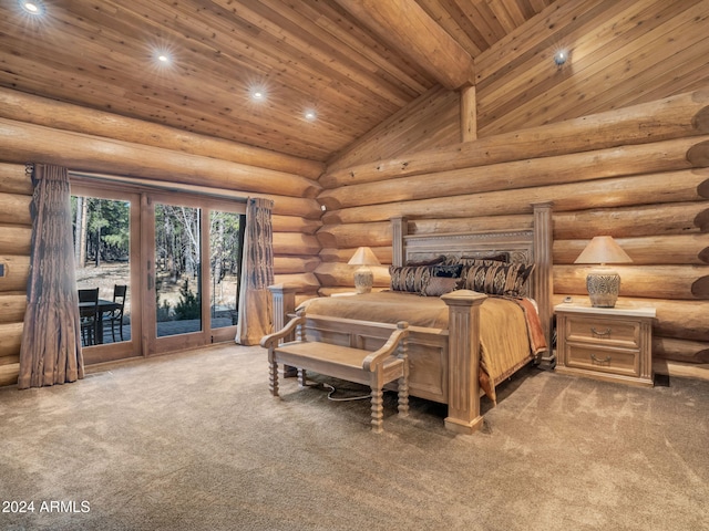 bedroom featuring access to exterior, carpet floors, wood ceiling, and high vaulted ceiling