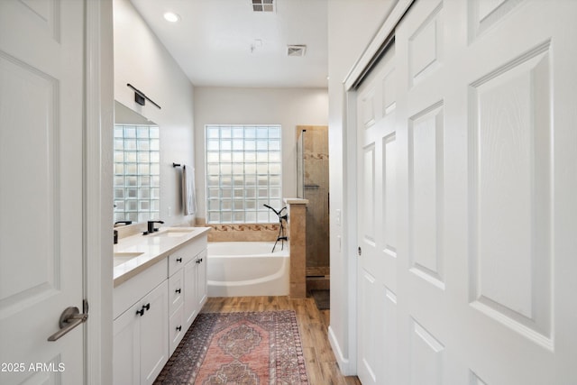 bathroom with vanity, wood-type flooring, and plus walk in shower