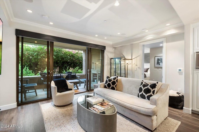 living room featuring crown molding, french doors, and hardwood / wood-style flooring