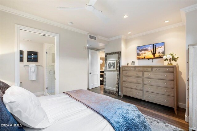 bedroom featuring ceiling fan, ornamental molding, ensuite bath, and dark hardwood / wood-style flooring