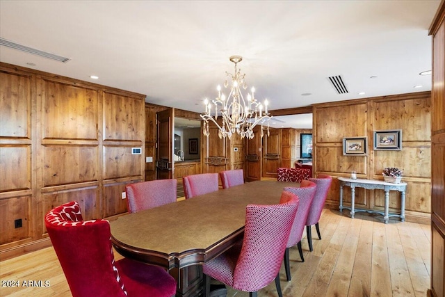 dining area with light wood-type flooring, an inviting chandelier, and wood walls