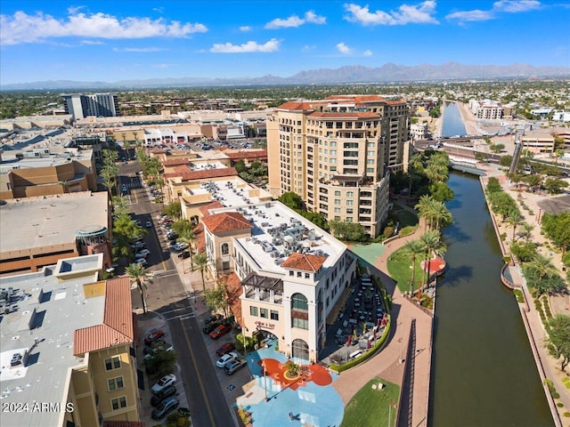 bird's eye view featuring a water and mountain view