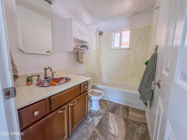 full bath with vanity, shower / tub combo with curtain, and toilet