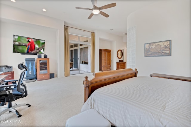 bedroom with recessed lighting, access to exterior, carpet flooring, and ceiling fan