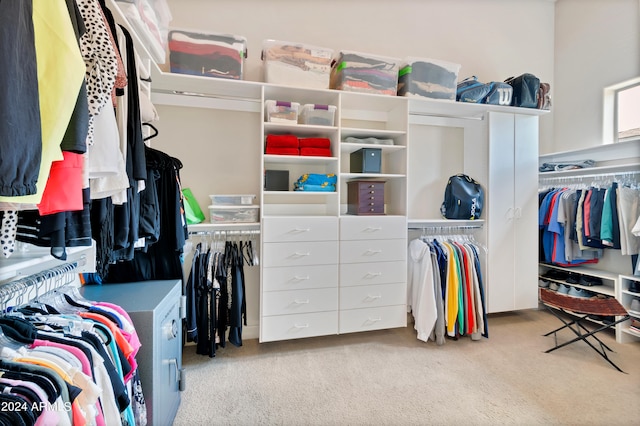 walk in closet with light carpet