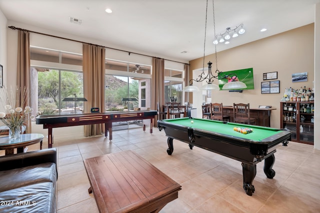 rec room with billiards, indoor bar, and light tile patterned flooring