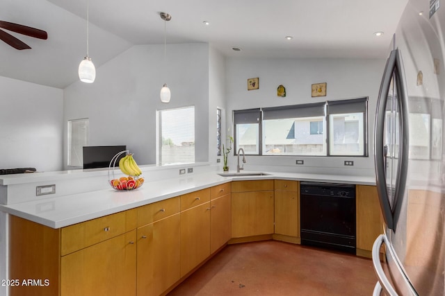 161 S Maple St, Chandler, AZ 85226 - kitchen with freestanding refrigerator, dishwasher, a sink, a peninsula, and light countertops
