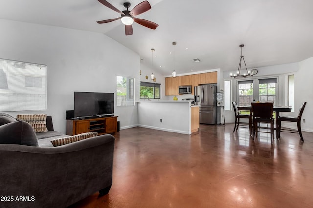 161 S Maple St, Chandler, AZ 85226 - living area featuring finished concrete floors, a chandelier, a ceiling fan, baseboards, and high vaulted ceiling