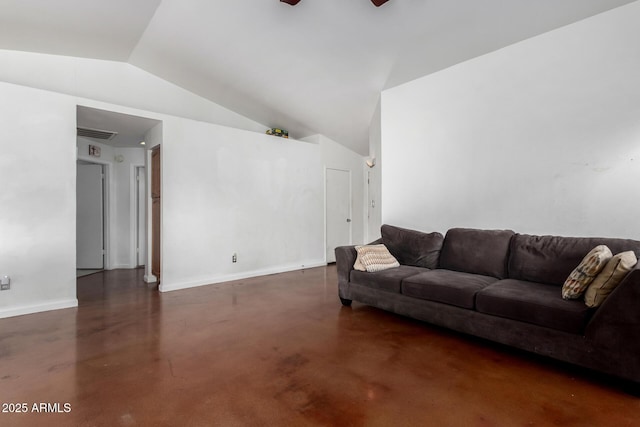 161 S Maple St, Chandler, AZ 85226 - living room with finished concrete flooring, ceiling fan, vaulted ceiling, and baseboards