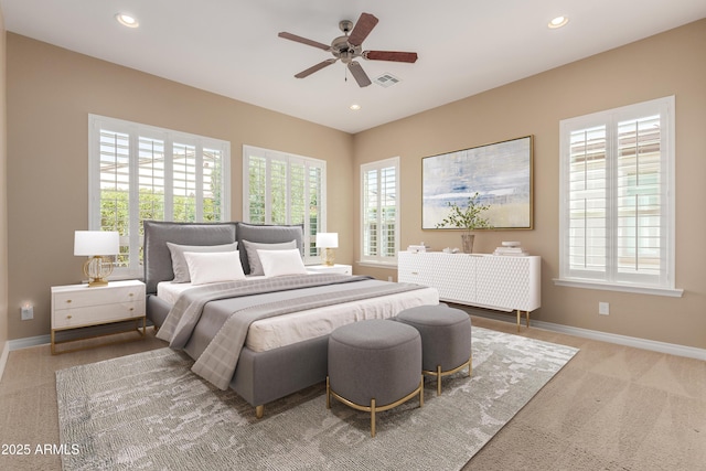 carpeted bedroom with baseboards, ceiling fan, visible vents, and recessed lighting