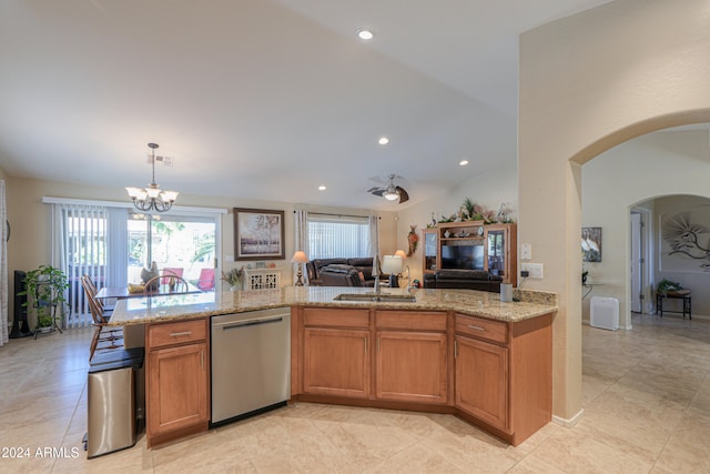 kitchen with sink, an inviting chandelier, dishwasher, hanging light fixtures, and lofted ceiling