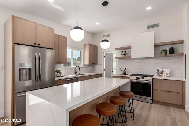 kitchen featuring visible vents, stainless steel appliances, a kitchen breakfast bar, and open shelves
