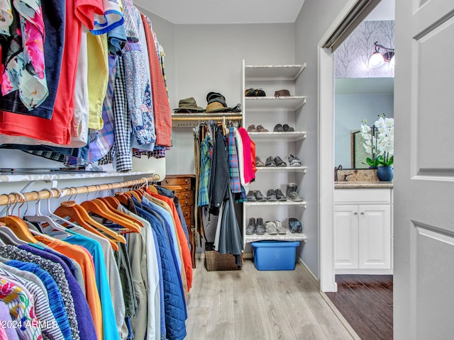 spacious closet featuring light hardwood / wood-style flooring and sink