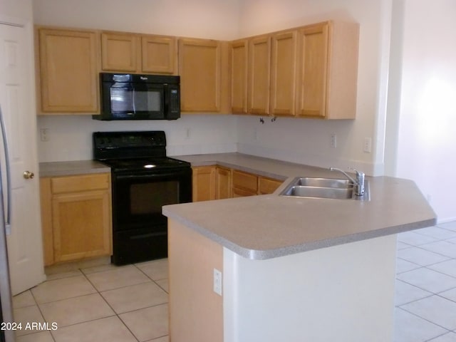 kitchen with sink, black appliances, kitchen peninsula, light brown cabinetry, and light tile patterned floors