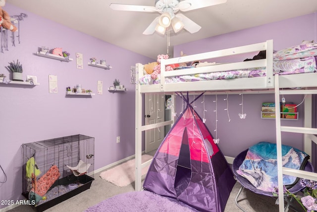 bedroom with baseboards, a ceiling fan, and carpet flooring