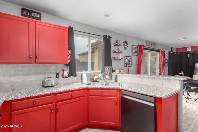 kitchen featuring visible vents, a sink, backsplash, stainless steel dishwasher, and a peninsula