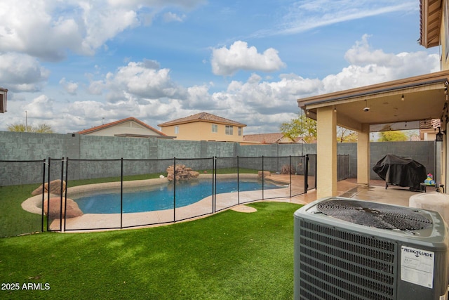 view of swimming pool with central air condition unit, a fenced backyard, a yard, a grill, and a fenced in pool