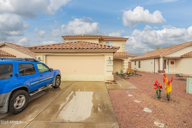 view of front of property featuring concrete driveway, an attached garage, a tile roof, and stucco siding