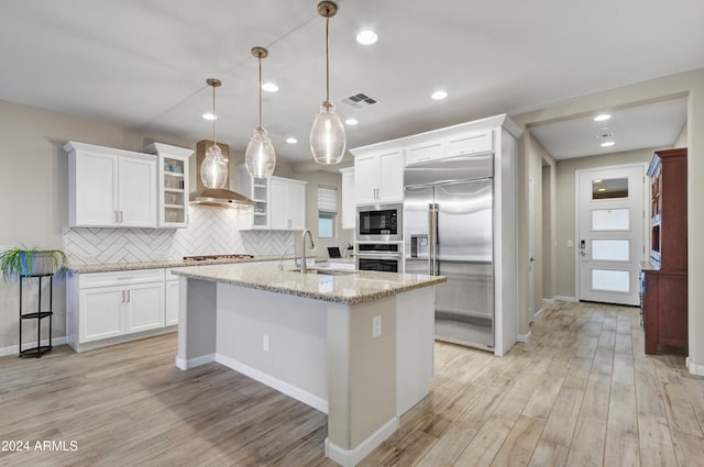 kitchen with decorative backsplash, sink, pendant lighting, built in appliances, and white cabinetry