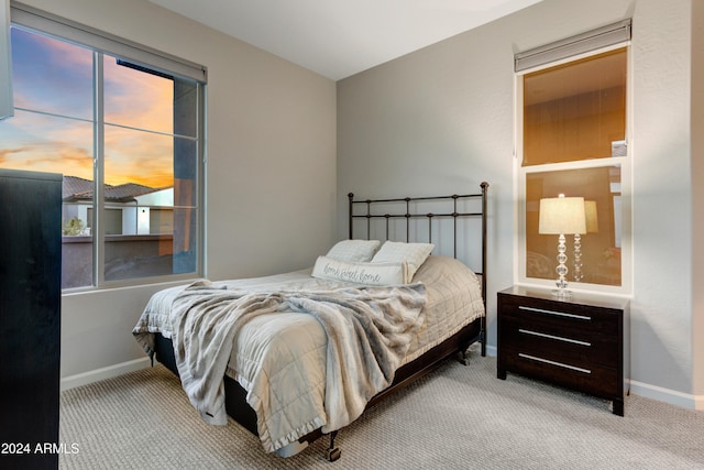 bedroom with light colored carpet