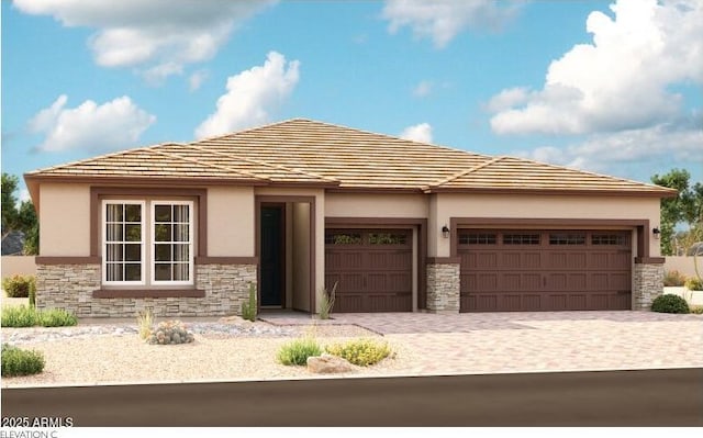 20188 W Monterey Way, Buckeye, AZ 85396 - prairie-style home featuring stone siding, a garage, stucco siding, and decorative driveway