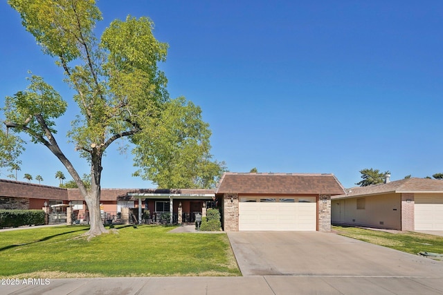 ranch-style house with a garage and a front yard