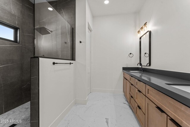 34256 S State Route 89th Hwy, Wickenburg, AZ 85390 - bathroom featuring marble finish floors, a walk in shower, double vanity, baseboards, and recessed lighting